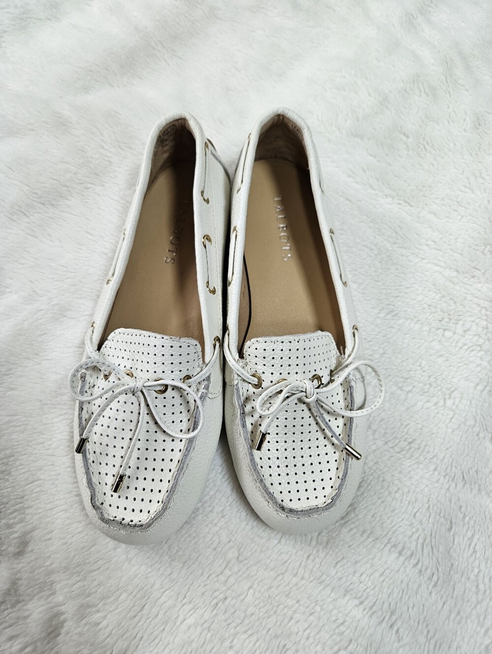 Talbots White Perforated Leather Loafers with Bow Accents